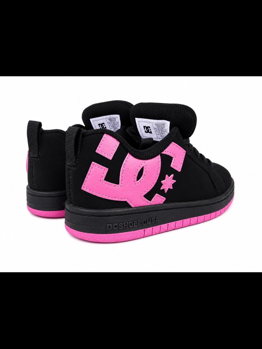 DC Black Sneakers with Bright Pink Logo and Outsole